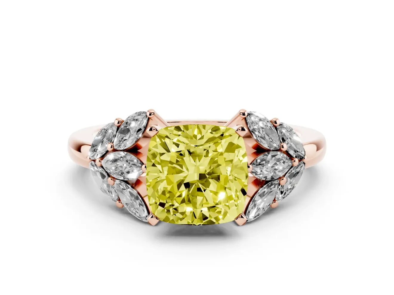 Cushion Cut Leaf Cluster Engagement Ring Setting for a Fancy Yellow Lab-Grown Diamond | Rose Gold