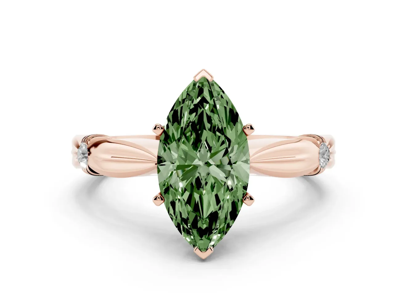 Fancy Green Marquise Cut Diamond Solitaire Twisted Band Ring Set in Rose gold with Accent Stones and Prong Setting