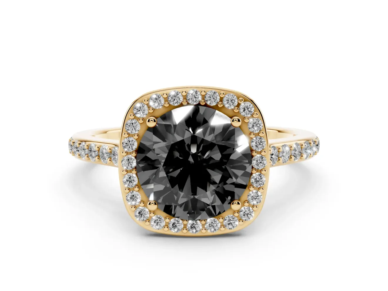 Round Pavé Halo Engagement Ring Setting for a Black Center | Yellow Gold