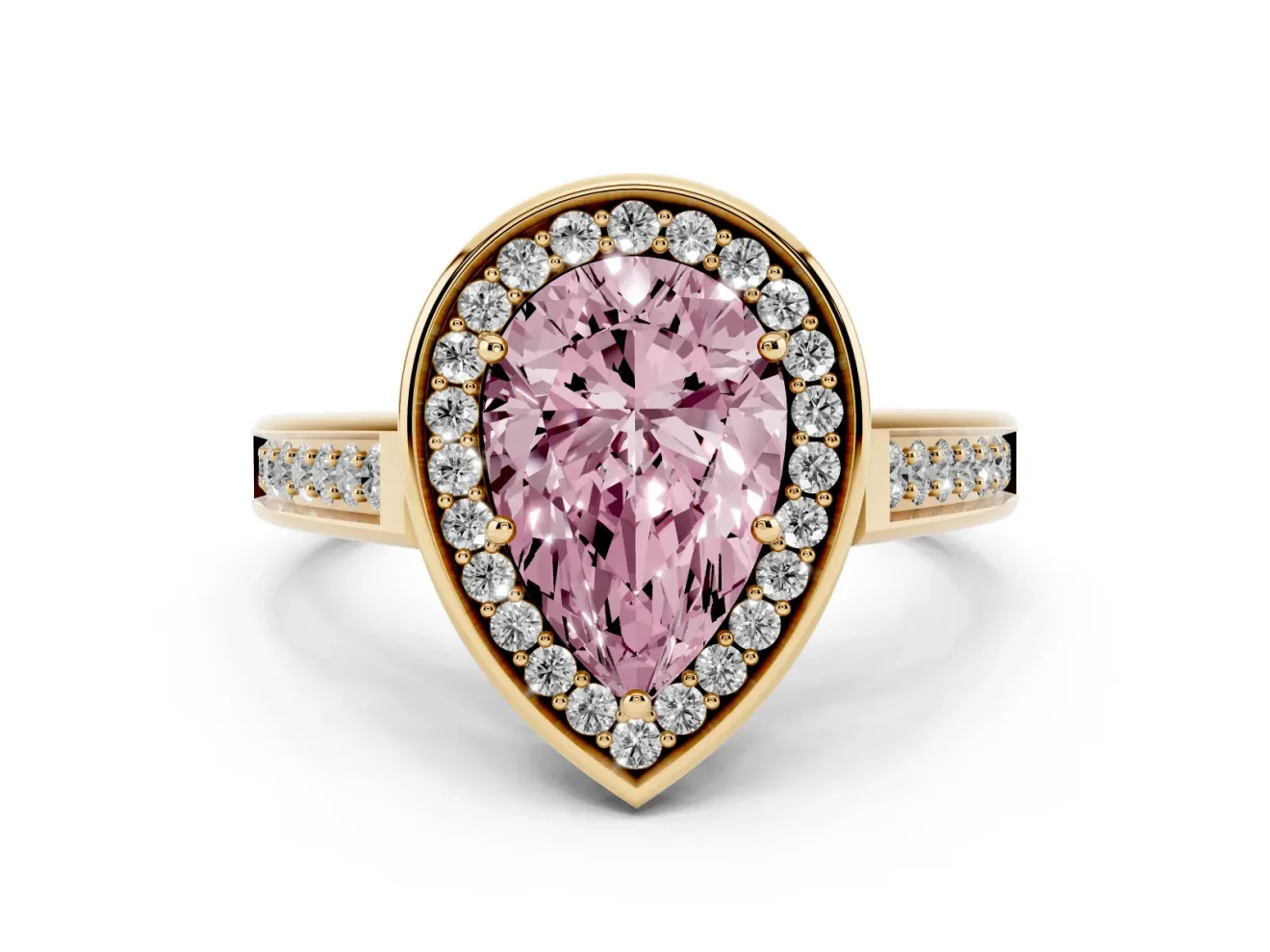 Fancy Pink Pear Cut Diamond Halo Solitaire Ring Set in Yellow gold with Pavé Band and Bezel Setting