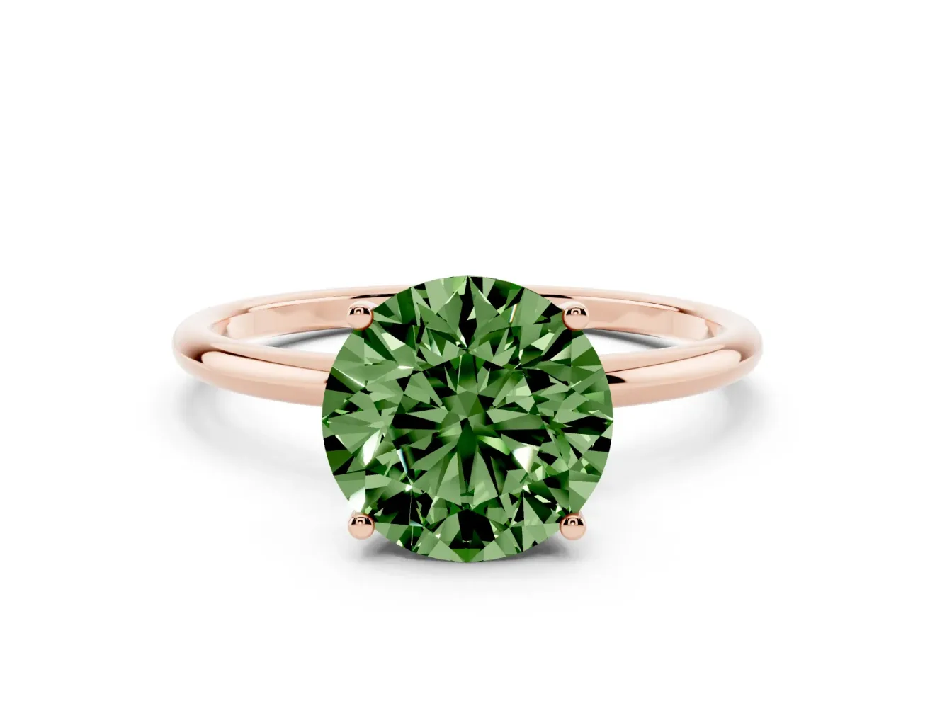 Fancy Green Round Cut Diamond Solitaire Engagement Ring Set in Rose gold with Thin Band and Prong Setting