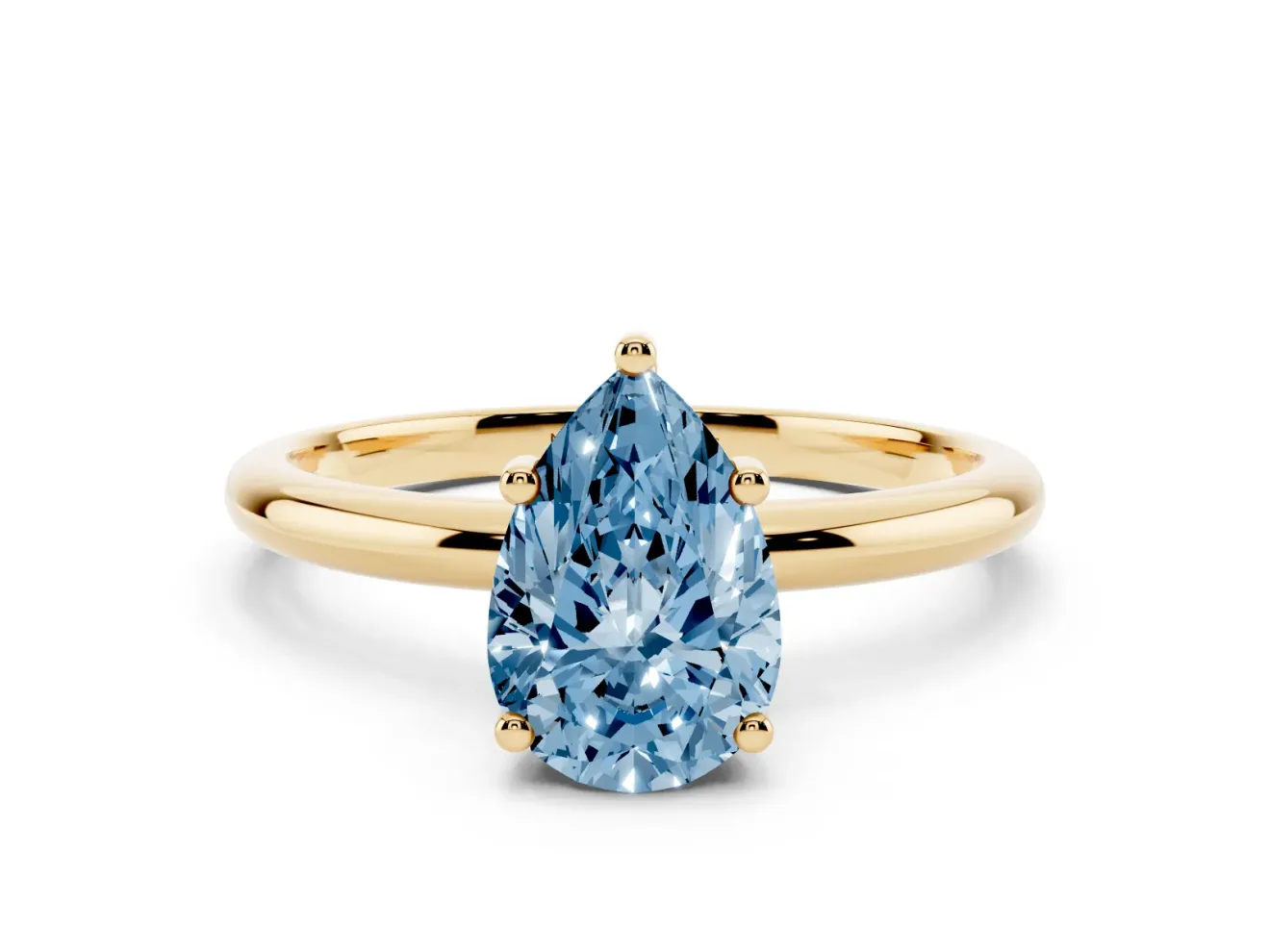 Fancy Blue Pear Cut Diamond Solitaire Engagement Ring Set in Yellow gold with Prong Setting and Polished Band