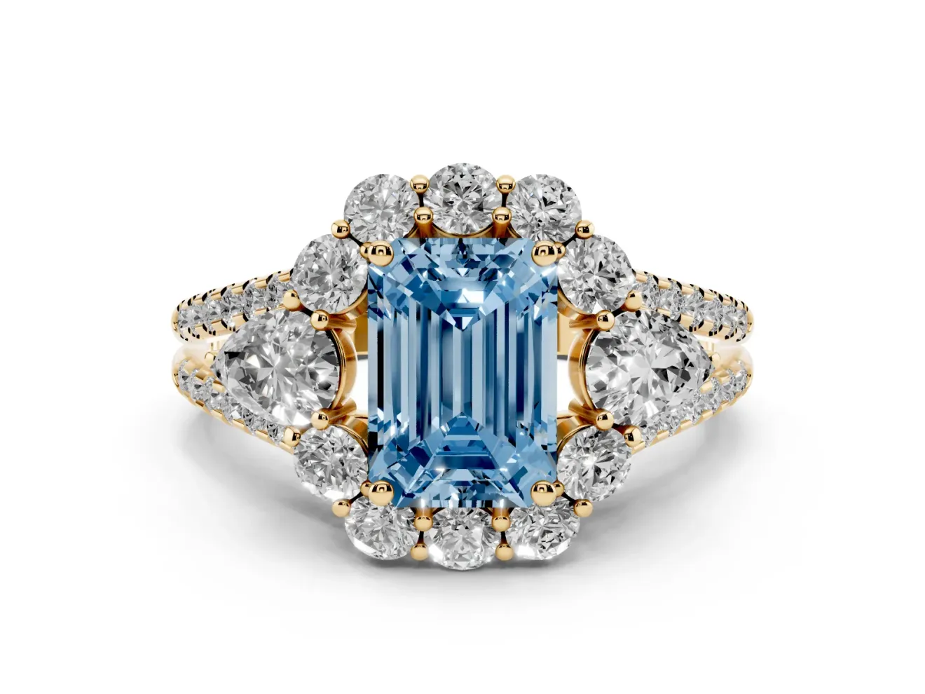 Emerald Cut Scalloped Halo Engagement Ring Setting for a Fancy Blue Lab-Grown Diamond | Pear Side Stones | Yellow Gold