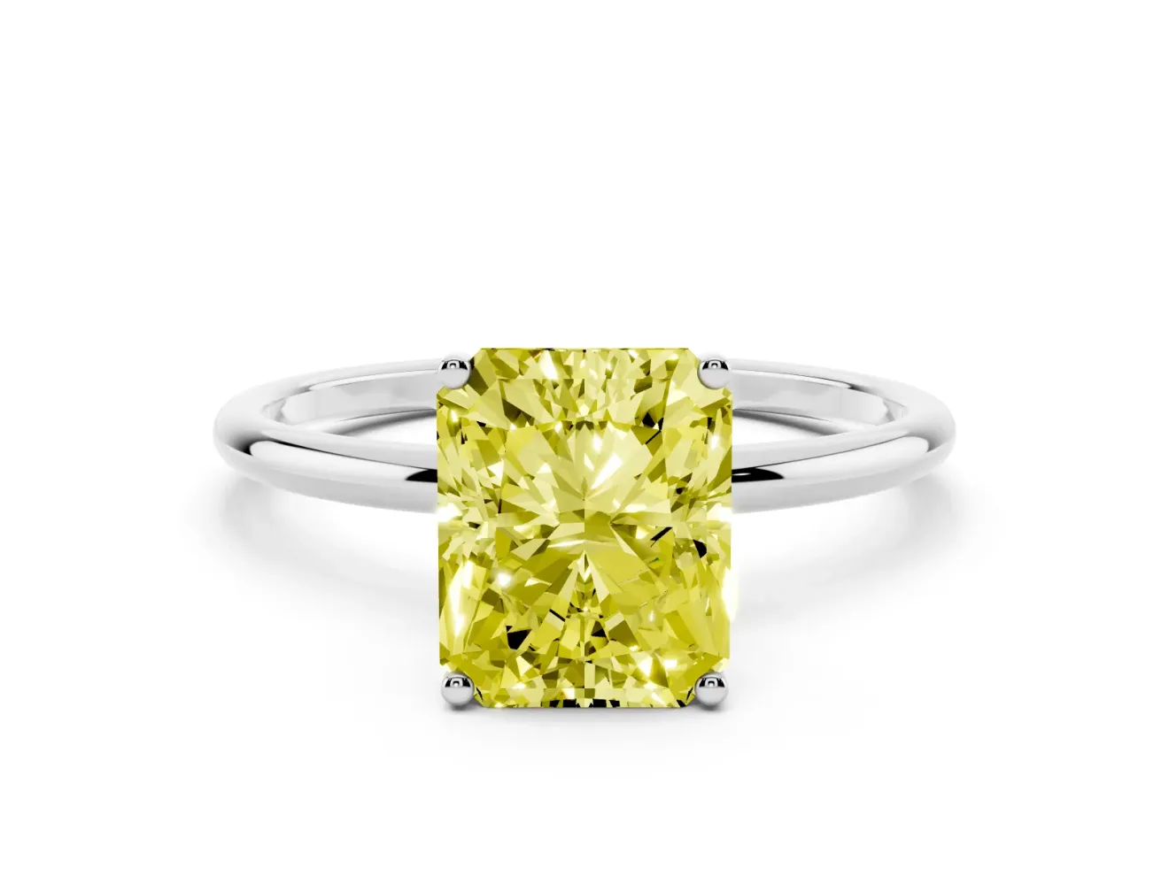 Fancy Yellow Radiant Cut Diamond Solitaire Engagement Ring Set in Platinum with Thin Band and Prong Setting