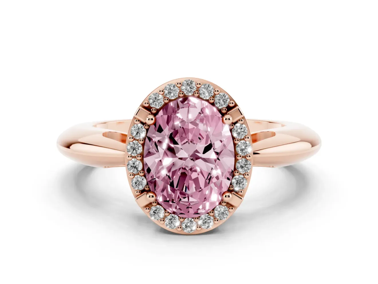 Fancy Pink Oval Cut Diamond Halo Engagement Ring Set in Rose gold with Plain Split Shank and Prong Setting