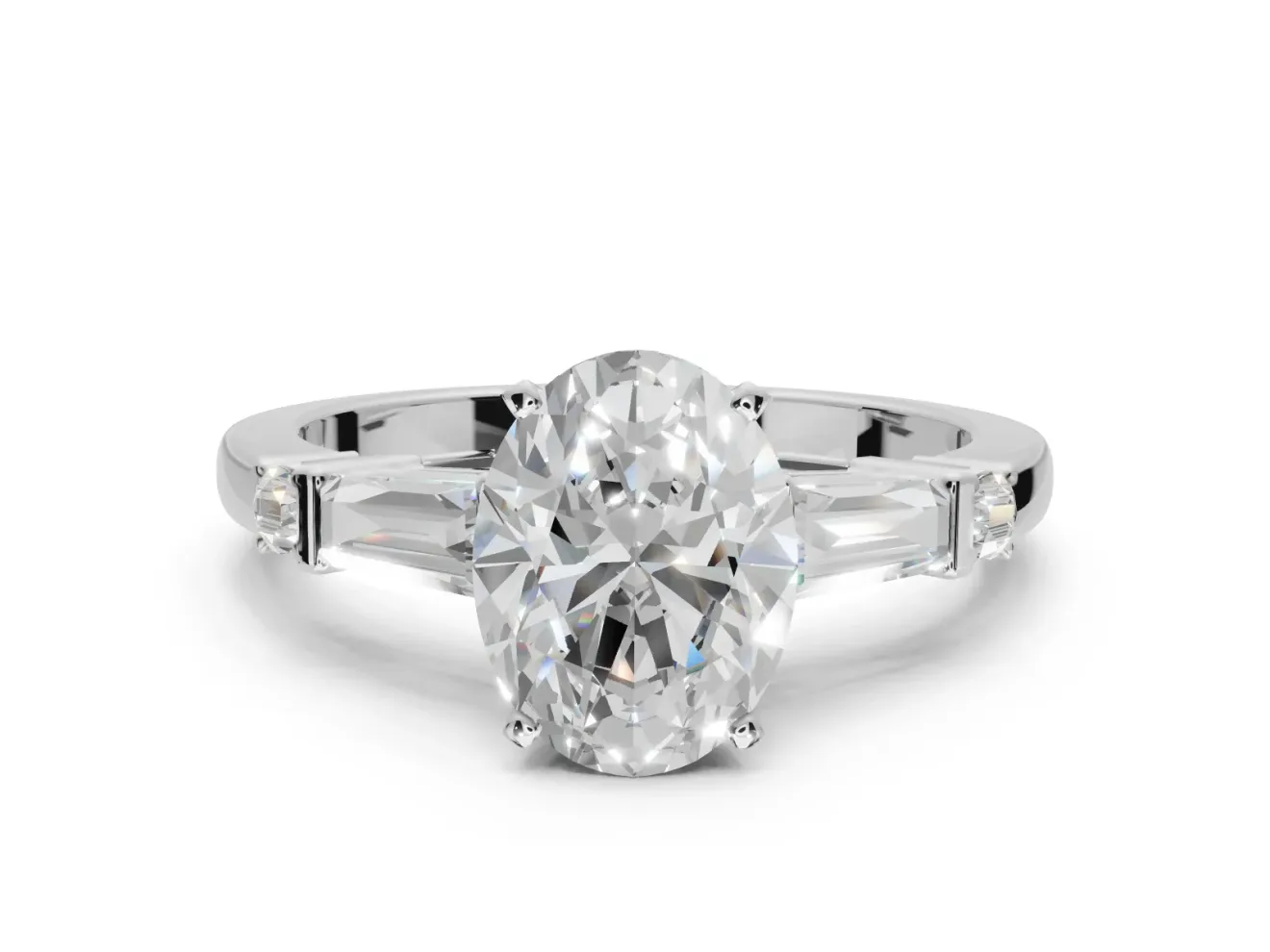 Oval Tapered Baguette Engagement Ring Setting | Bar Set Sides | White Gold
