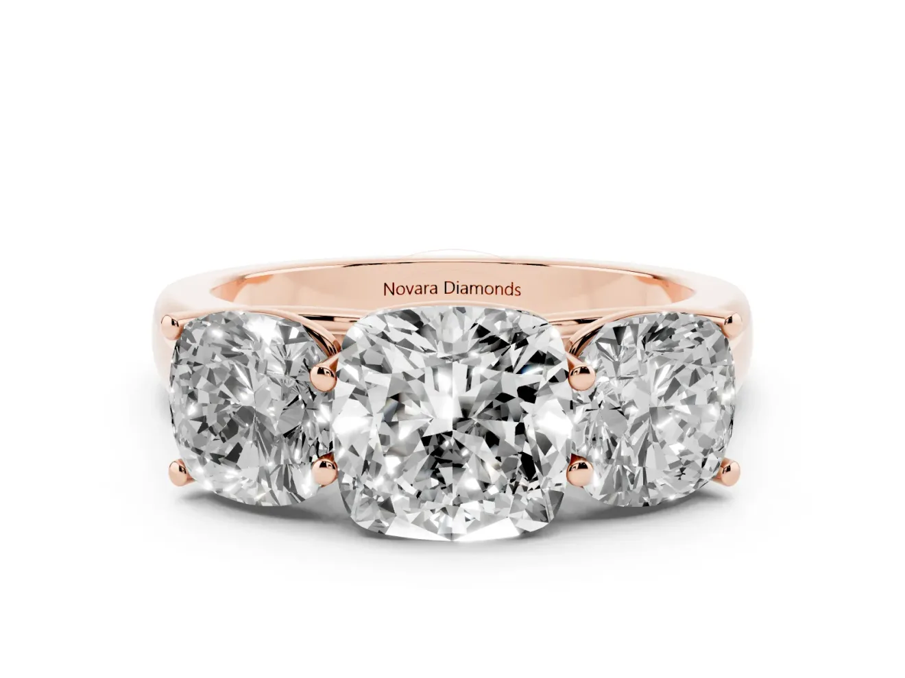 Cushion Cut Three Stone Engagement Ring Setting | Basket Prong Heads | Rose Gold