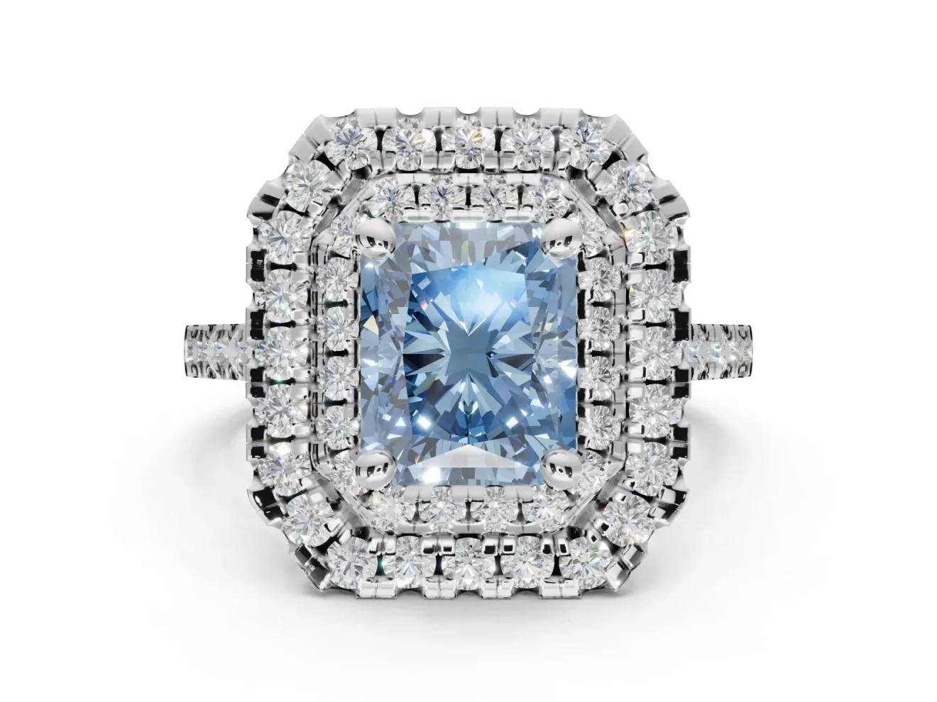 Fancy Blue Radiant Cut Lab-Grown Diamond Double Halo Statement Ring Set in Sterling Silver with Pavé Band