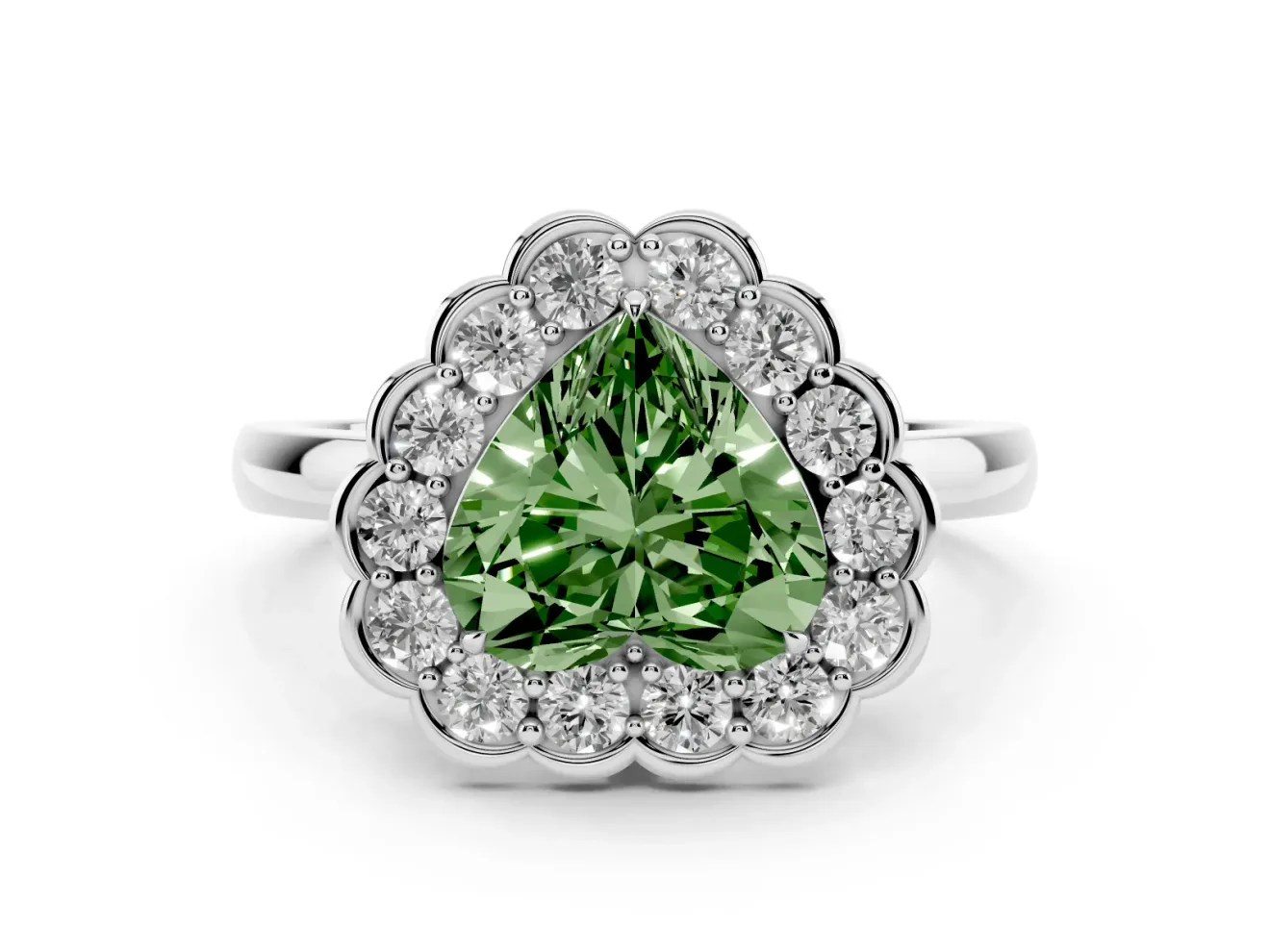 Heart-Shaped Scalloped Cluster Halo Engagement Ring Setting for a Fancy Green Lab-Grown Diamond | Plain Band | Platinum