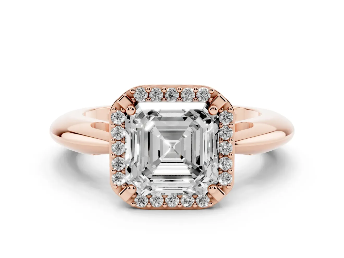 Asscher Cut Diamond Halo Engagement Ring Set in Rose gold with Plain Split Shank and Prong Setting