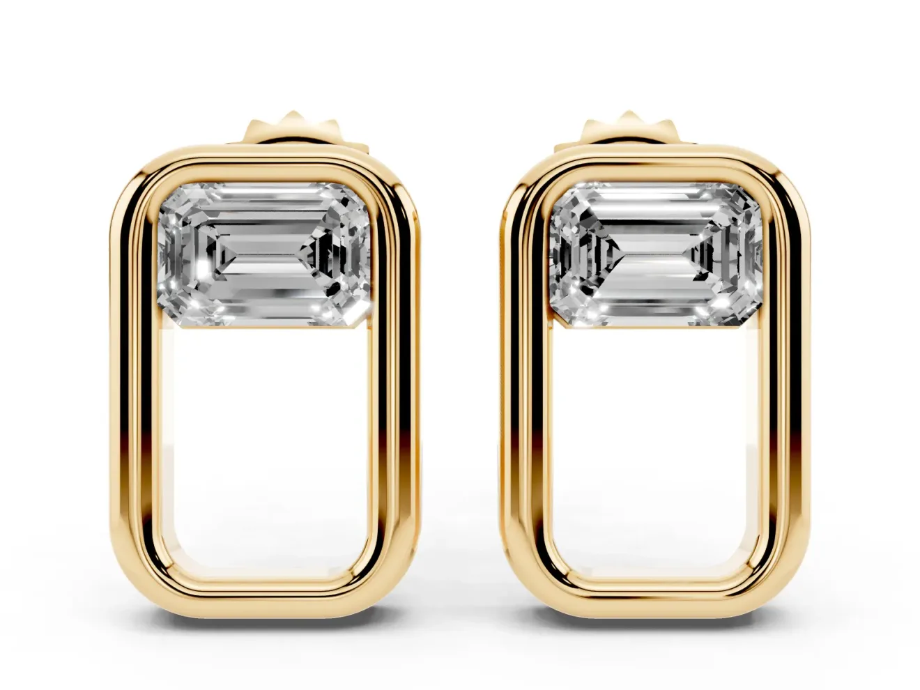 Emerald Cut Lab-Grown Diamond East-West Open Frame Stud Earrings | Polished Frame | Yellow Gold