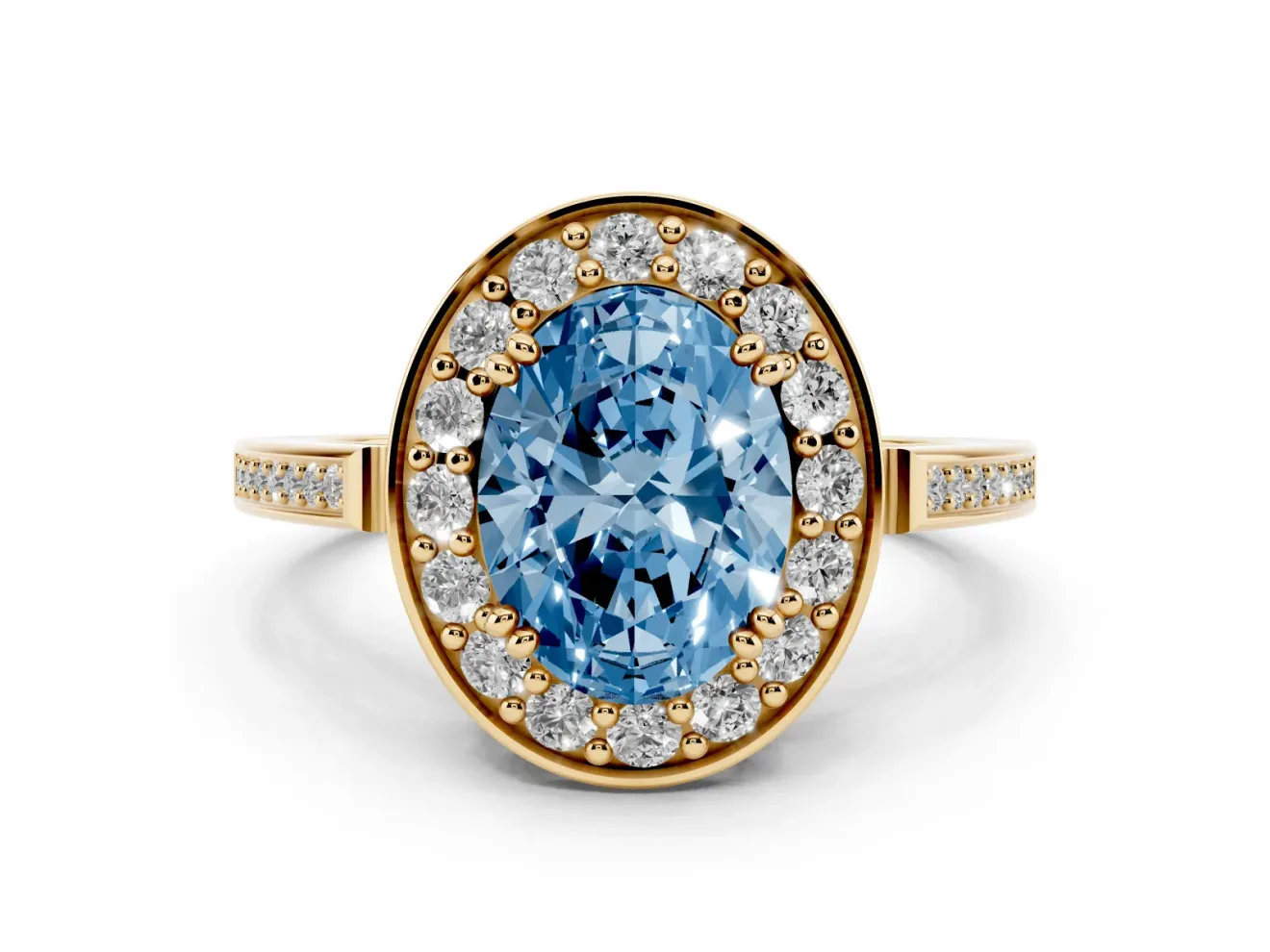Oval Halo Engagement Ring Setting for a Fancy Blue Lab-Grown Diamond | Polished Halo Rim | Yellow Gold