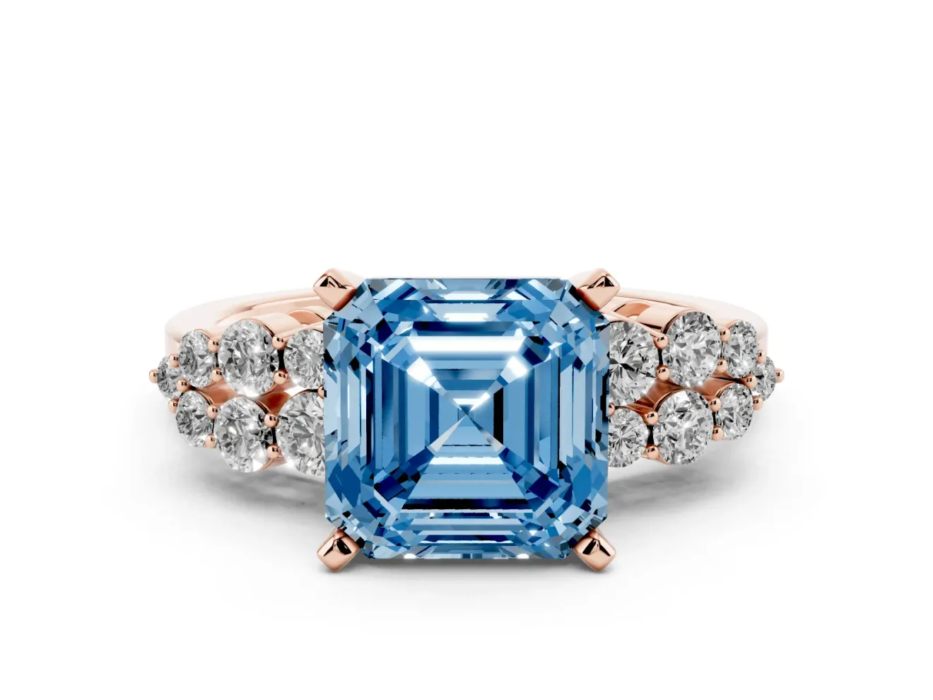 Fancy Blue Asscher Cut Diamond Cluster Engagement Ring Set in Rose gold with Pavé Band and Prong Setting