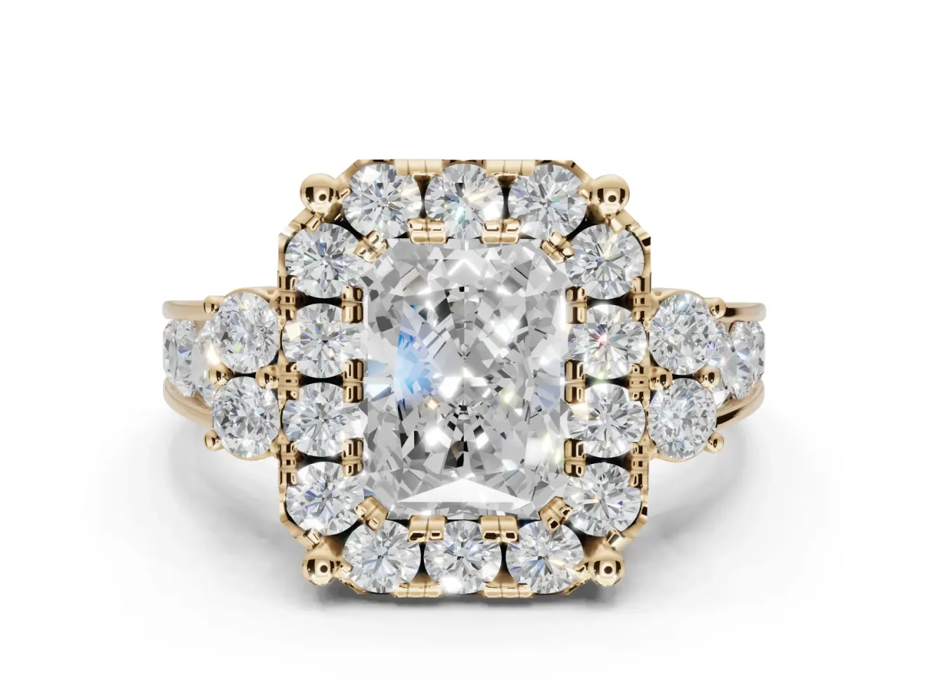 Radiant Cut Halo Side Cluster Engagement Ring Setting | Graduated Channel Band | Yellow Gold