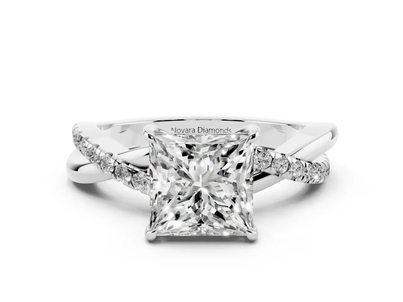 Princess Cut Crossover Pave Solitaire Engagement Ring Setting | Twisted Shoulders | White Gold