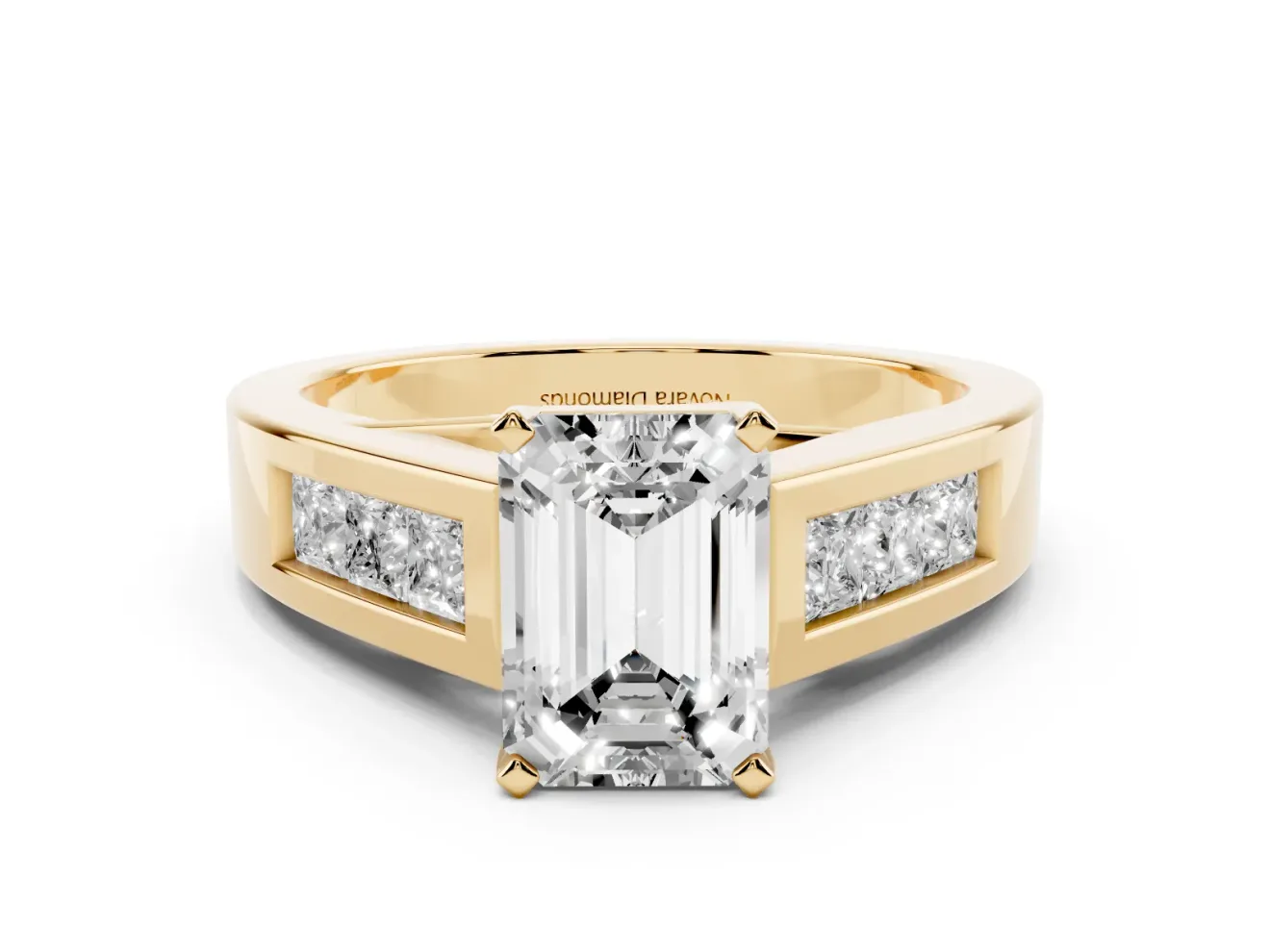 Emerald Cut Channel-Set Engagement Ring Setting | Princess Side Stones | Yellow Gold