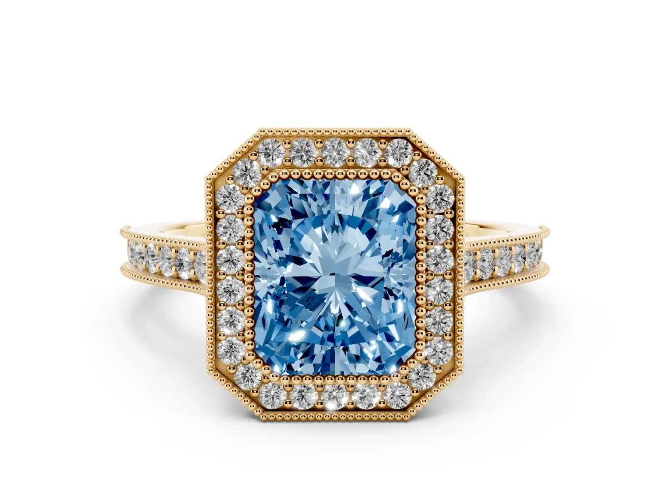 Radiant Cut Vintage Milgrain Halo Engagement Ring Setting for a Fancy Blue Lab-Grown Diamond | Bezel Head | Yellow Gold
