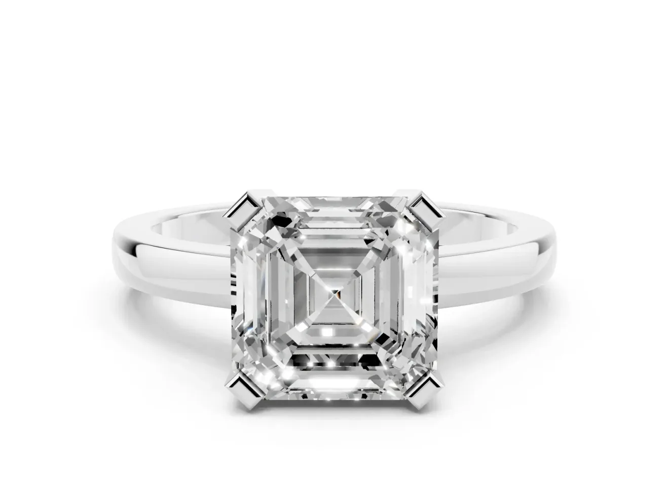 Asscher Cut Diamond Solitaire Ring Set in White gold with Prong Head and Smooth Polished Band