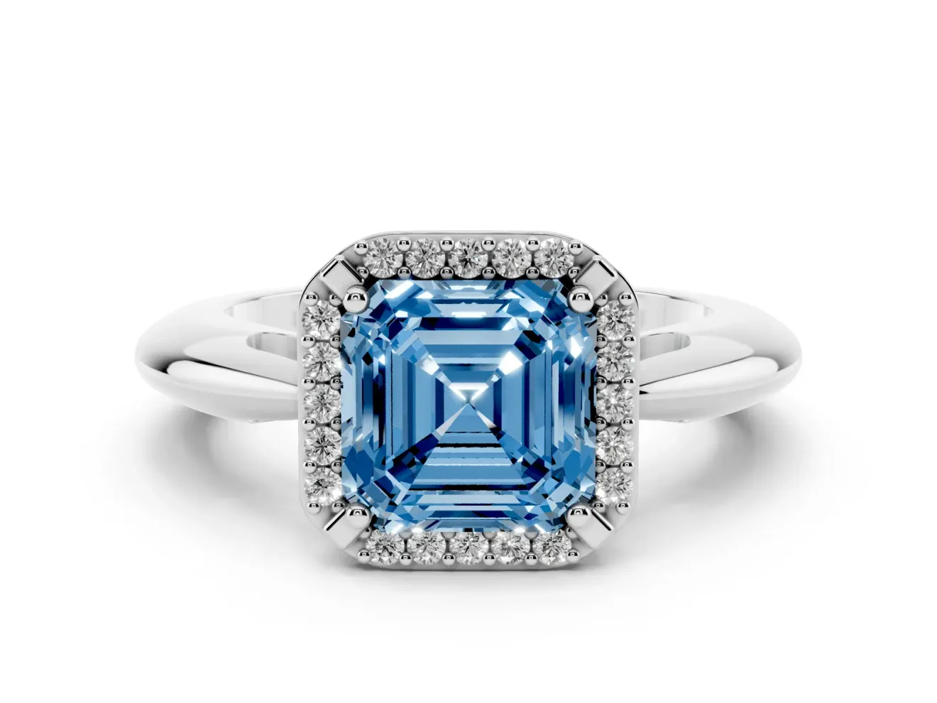 Fancy Blue Asscher Cut Diamond Halo Engagement Ring Set in White gold with Plain Split Shank and Prong Setting