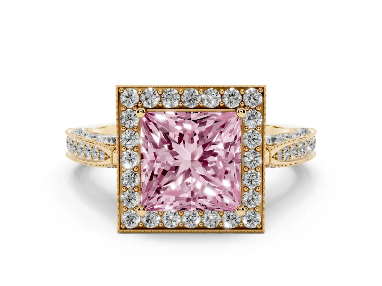 Princess Cut Milgrain Halo Engagement Ring Setting for a Fancy Pink Lab-Grown Diamond | Side Stones | Yellow Gold