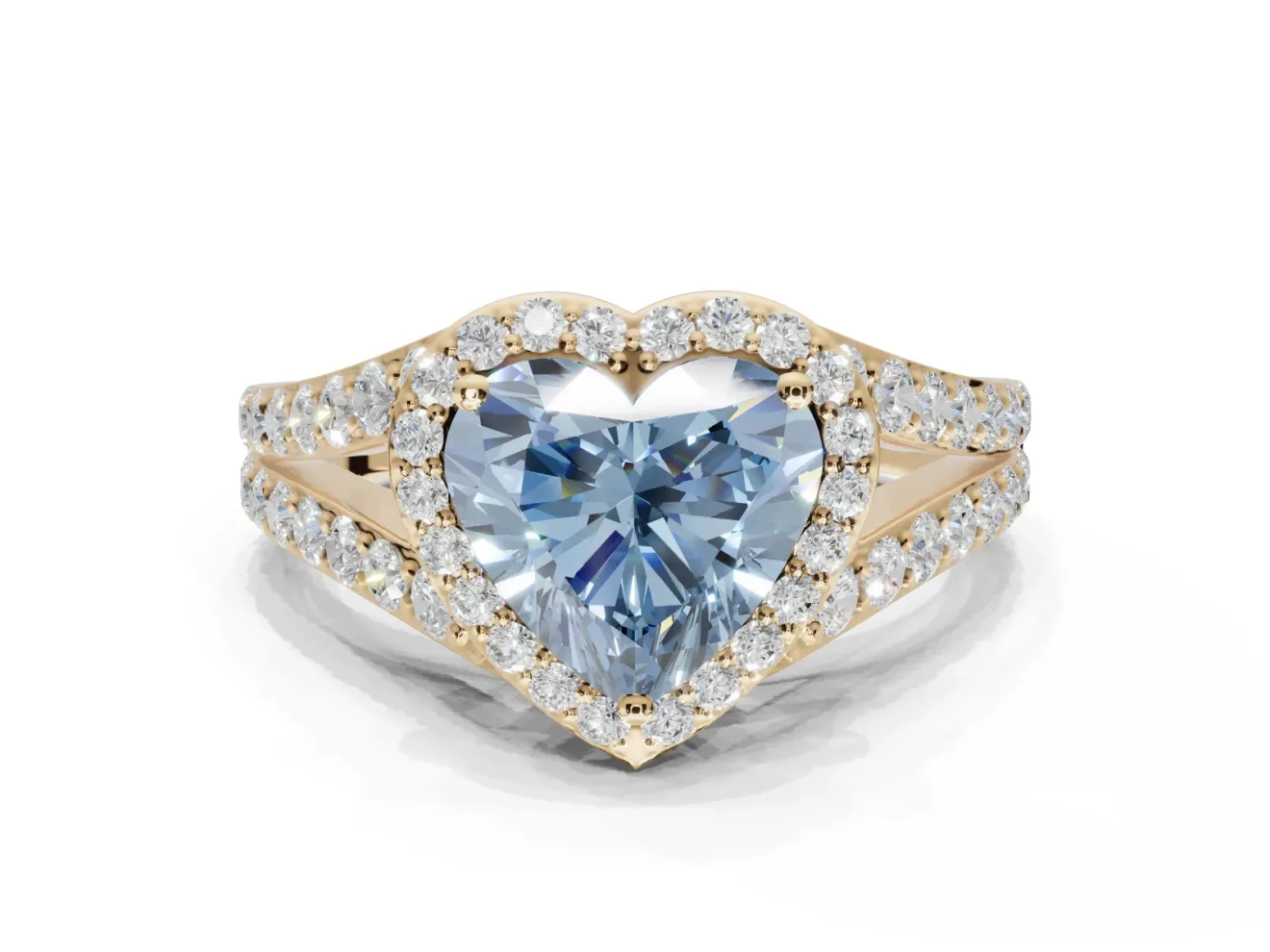 Heart-Shaped Halo Pavé Engagement Ring Setting for a Fancy Blue Lab-Grown Diamond | Narrow Split Shank | Yellow Gold