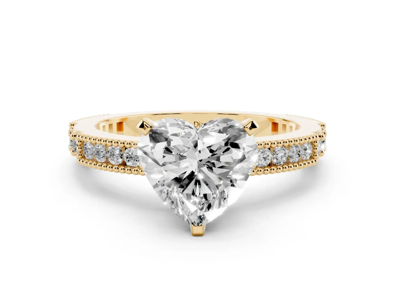 Heart Cut Diamond Solitaire Ring Set in Yellow gold with Slim Pavé Band and Prong Setting