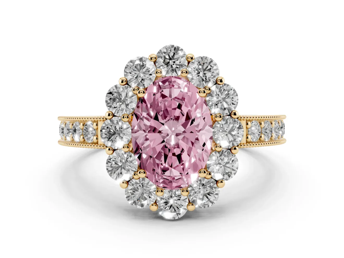 Oval Vintage Halo Engagement Ring Setting for a Fancy Pink Lab-Grown Diamond | Yellow Gold