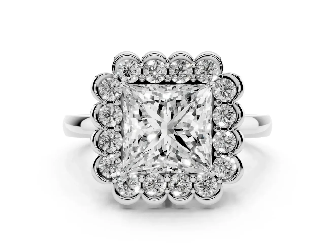 Princess Cut Scalloped Cluster Halo Engagement Ring Setting | Plain Band | White Gold