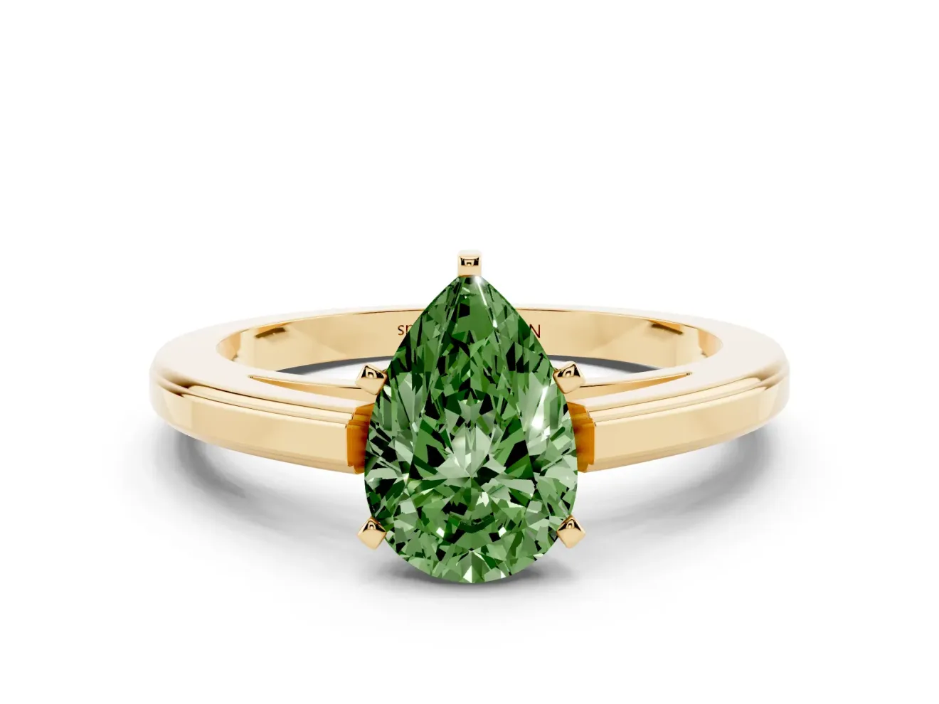 Fancy Green Pear Cut Diamond Solitaire Ring Set in Yellow gold with Prong Setting and Classic Band