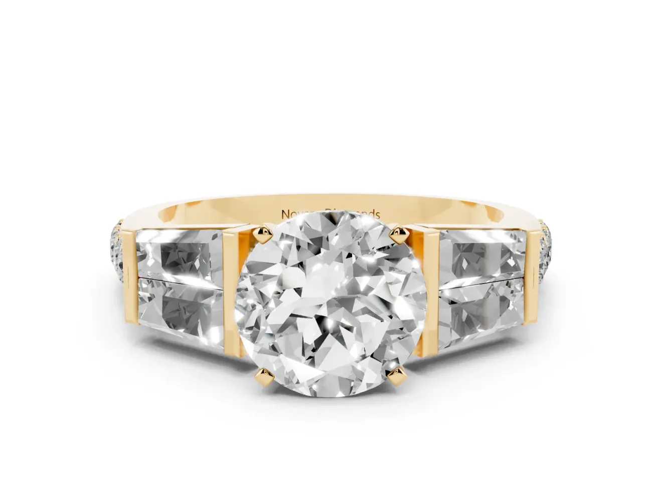 Round Channel Set Baguette Engagement Ring Setting | Paired Baguettes | Yellow Gold
