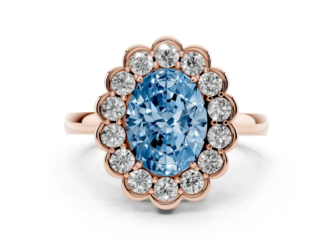 Oval Scalloped Cluster Halo Engagement Ring Setting for a Fancy Blue Lab-Grown Diamond | Plain Band | Rose Gold