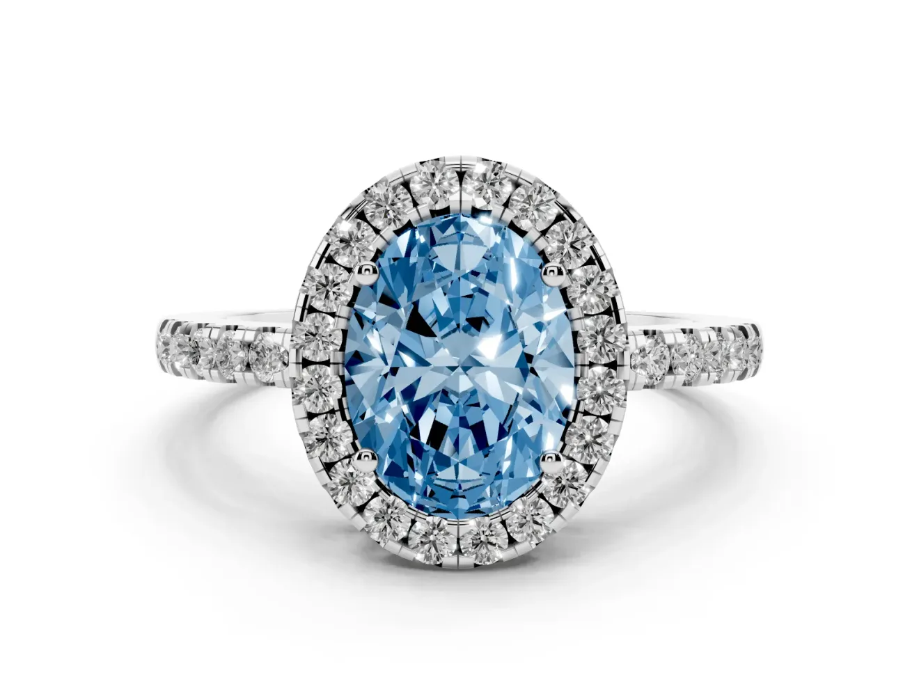 Fancy Blue Oval Cut Diamond Pavé Band Halo Engagement Ring Set in Silver with Prong Setting