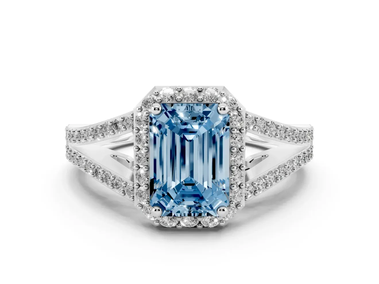 Emerald Cut Split Shank Halo Engagement Ring Setting for a Fancy Blue Lab-Grown Diamond | Platinum