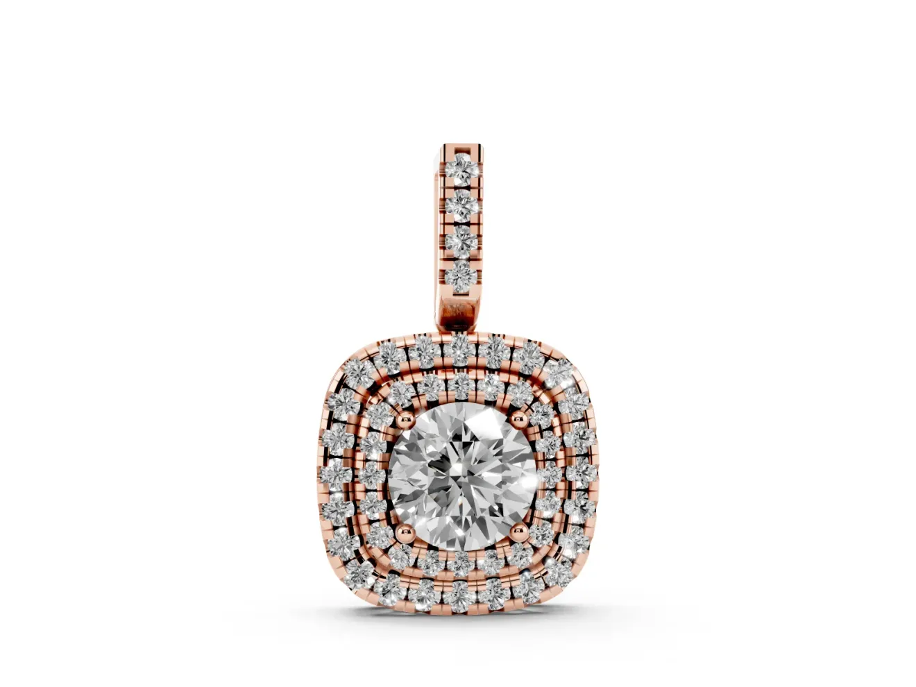 Round Lab-Grown Diamond Cushion Double Halo Pendant Necklace | Pavé Bail | Rose Gold