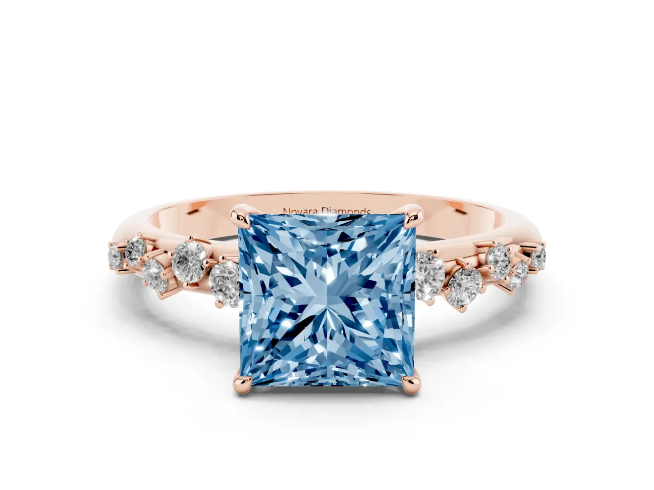Fancy Blue Princess Cut Diamond Cluster Solitaire Ring Set in Rose gold with Prong Setting