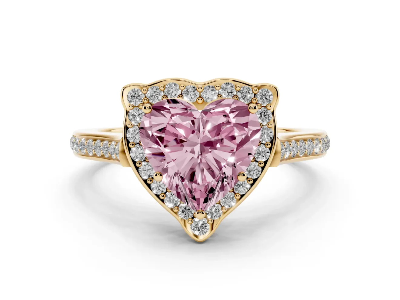 Heart-Shaped Petal Tip Halo Engagement Ring Setting for a Fancy Pink Lab-Grown Diamond | Pavé Band | Yellow Gold