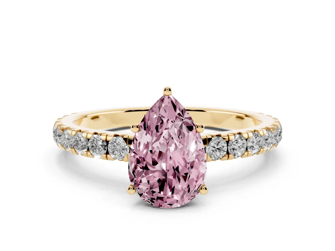 Pear-Shaped Pave Solitaire Engagement Ring Setting for a Fancy Pink Lab-Grown Diamond | Shared Prong Band | Yellow Gold
