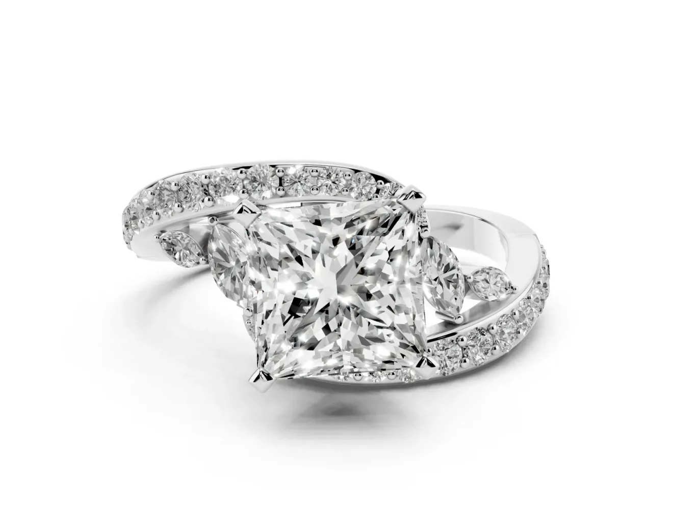 Princess Cut Diamond Solitaire Ring Set in Silver with Pavé Twist Band and Secure Prong Setting