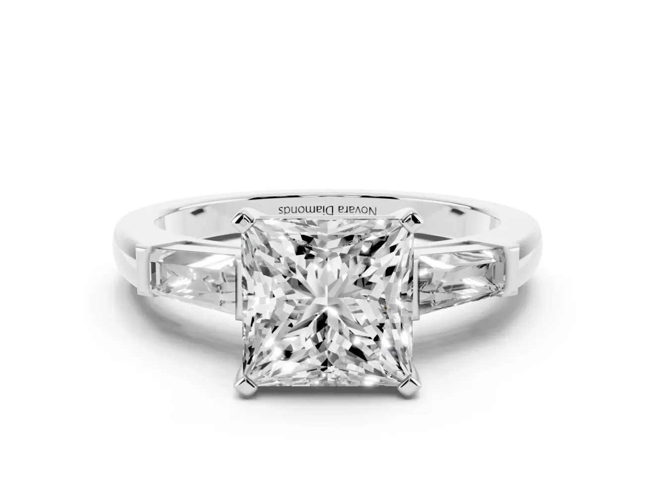 Princess Cut Diamond Solitaire Ring Set in Silver with Tapered Baguette Side Stones and Prong Setting