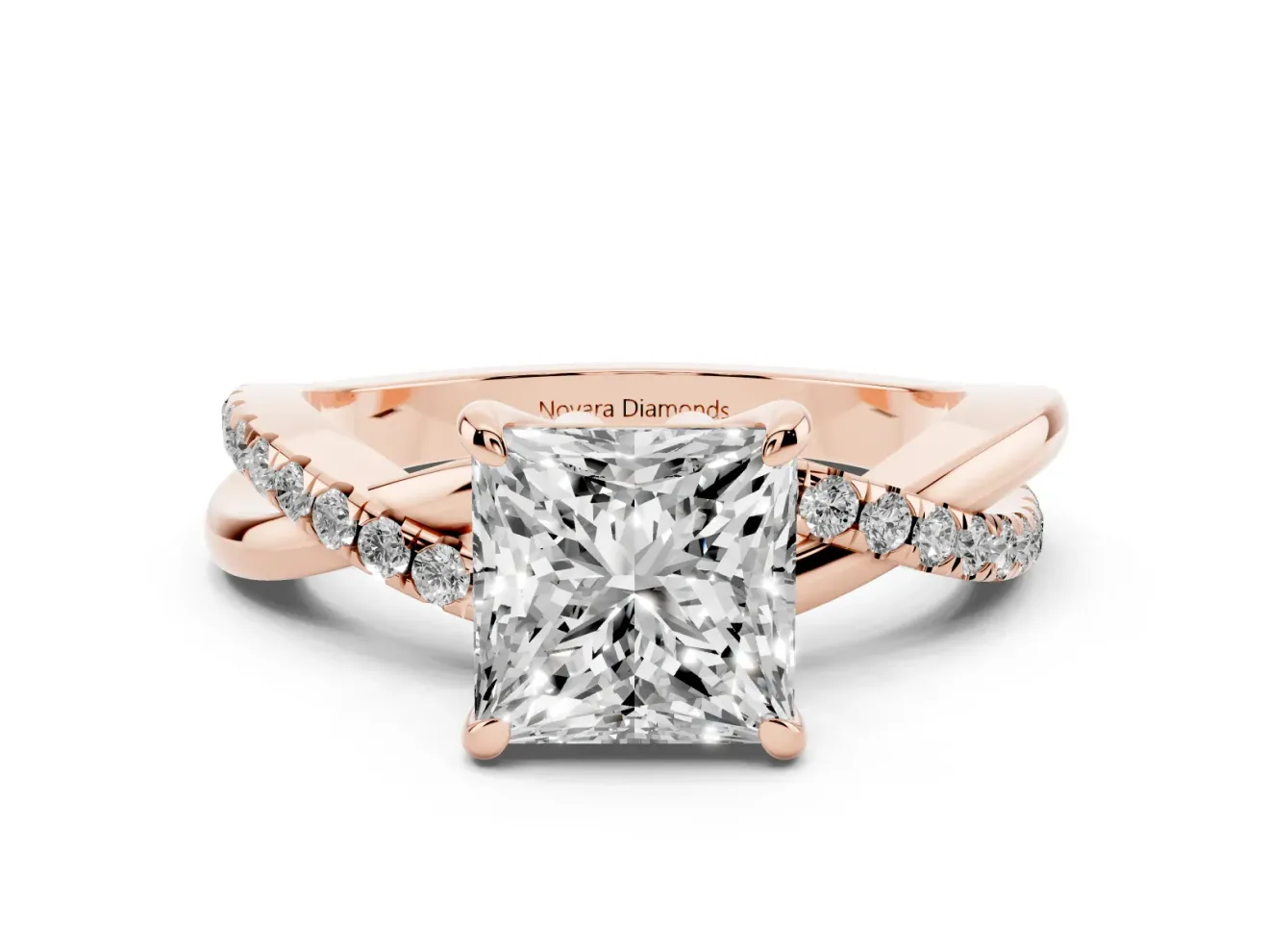 Princess Cut Diamond Twist Band Solitaire Set in Rose gold with Pavé Accents and Prong Setting