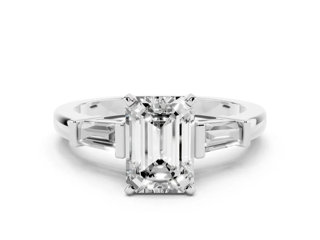 Emerald Cut Diamond Solitaire Ring Set in Silver with Tapered Baguette Accents and Prong Setting