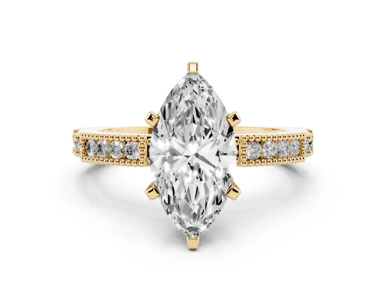 Marquise Cut Diamond Solitaire Ring Set in Yellow gold with Slim Pavé Band and Prong Setting