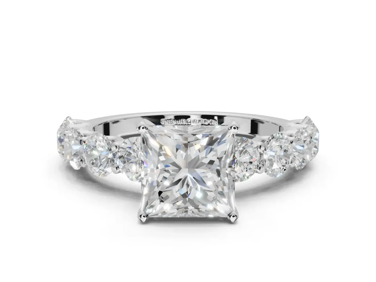 Princess Cut Side Stone Engagement Ring Setting | Scalloped Prong Accents | White Gold