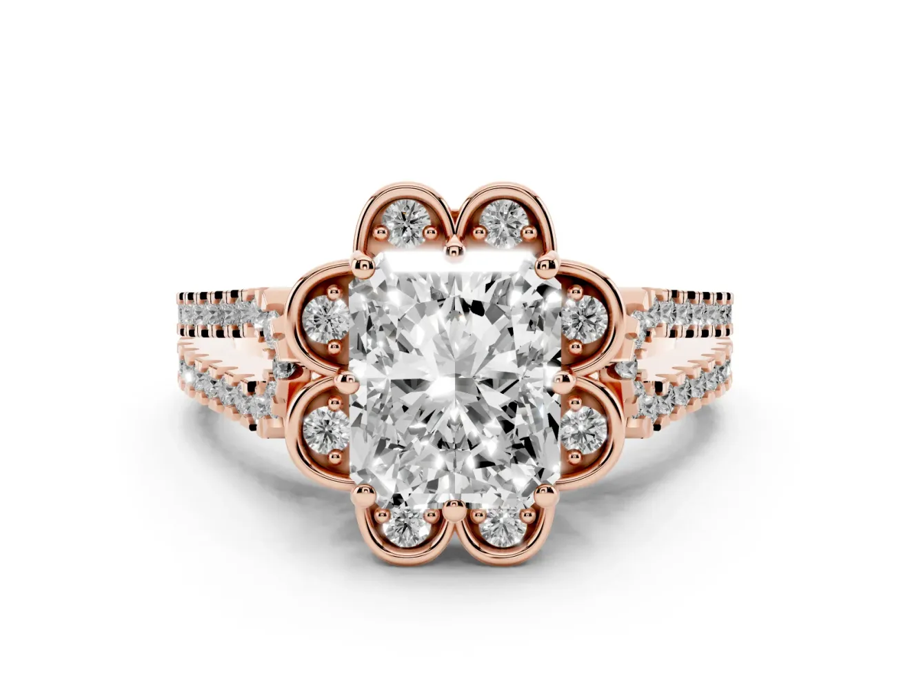 Radiant Cut Petal Frame Floral Halo Engagement Ring Setting | Pavé Split Shank | Rose Gold