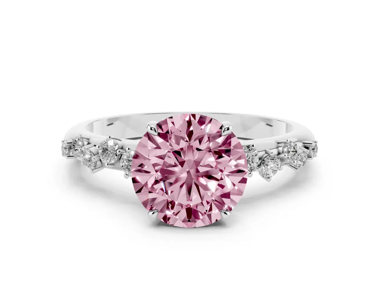 Fancy Pink Round Cut Diamond Cluster Solitaire Ring Set in Silver with Prong Setting