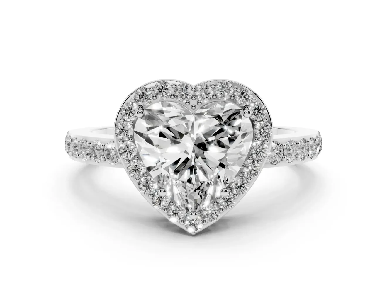 Heart Cut Diamond Halo Ring Set in Silver with Pavé-Setting Band and Open Prong Center