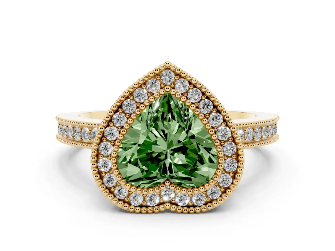 Heart-Shaped Double Milgrain Halo Engagement Ring Setting for a Fancy Green Lab-Grown Diamond | Pave Band | Yellow Gold