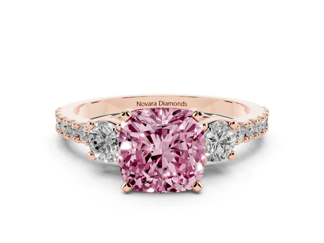 Cushion Cut Three Stone Pavé Engagement Ring Setting for a Fancy Pink Lab-Grown Diamond | Round Side Stones | Rose Gold