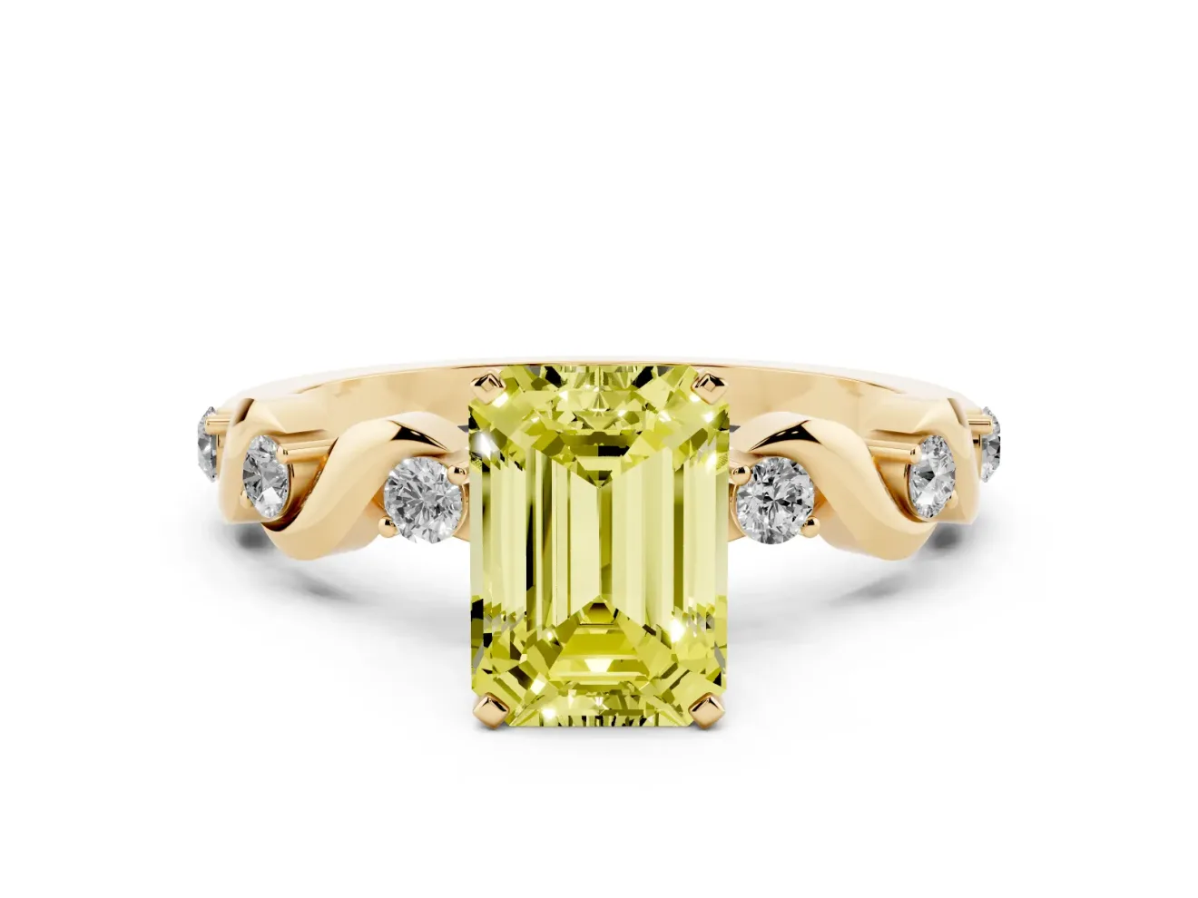 Fancy Yellow Emerald Cut Diamond Solitaire Ring Set in Yellow gold with Ribbon Twist Band, Round Accents and Prong Setting