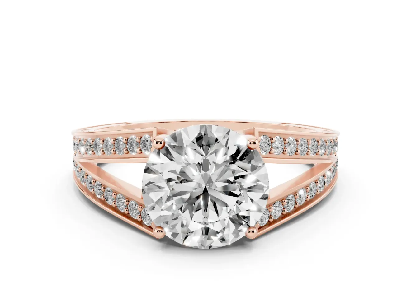 Round Split Shank Pavé Engagement Ring Setting | Engraved Leaf Sides | Rose Gold